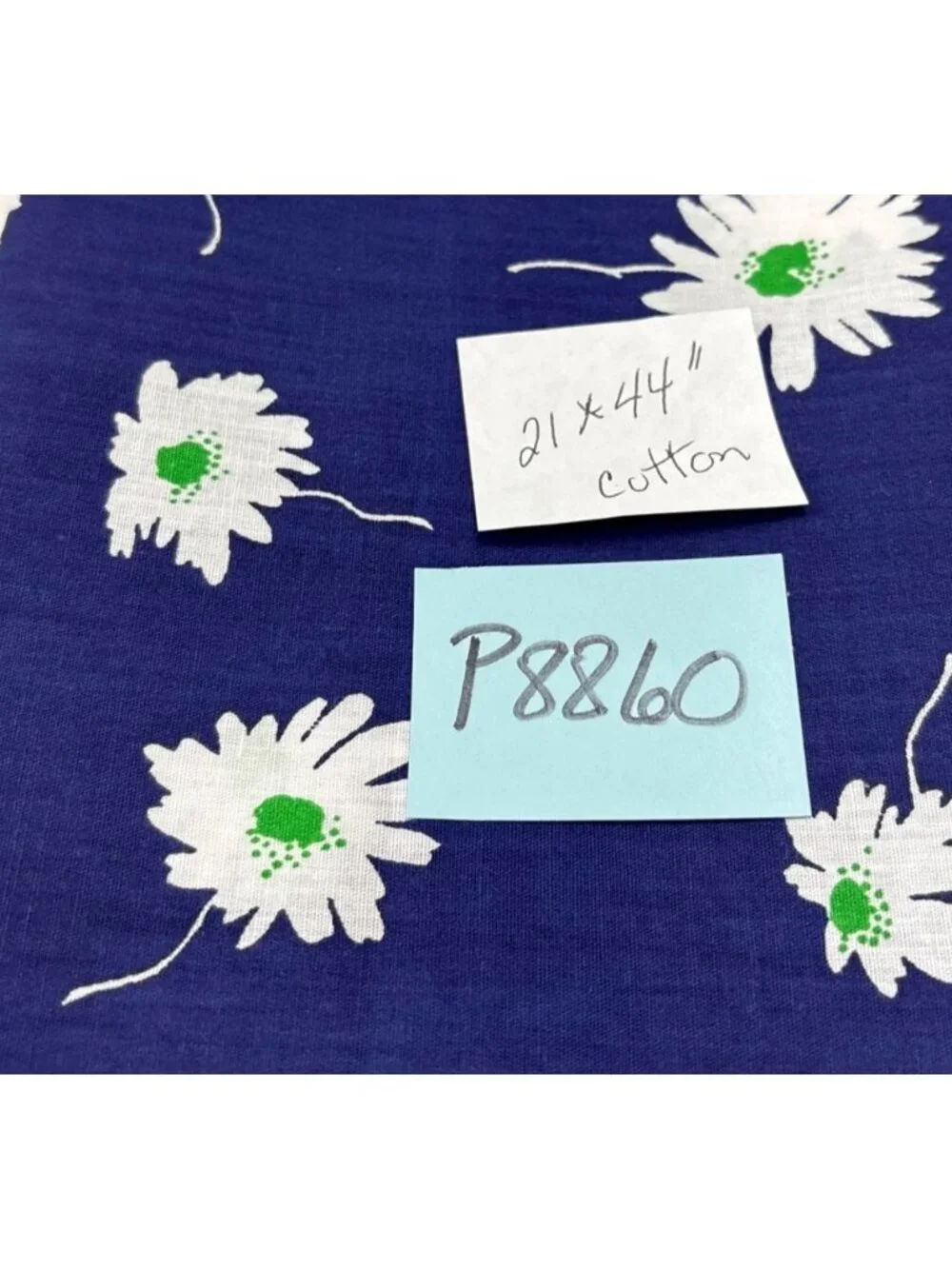 Blue Cotton Fabric White Green Daisy Print 21